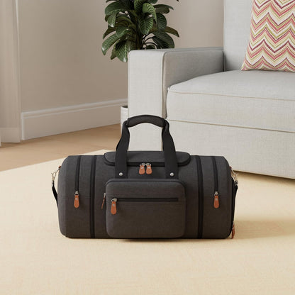 Canvas Travel Duffel Bag for Men, Weekend Overnight Bag with Shoe Compartment and Toiletry Bag, Carry-On for Airplanes, Dark Grey