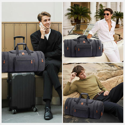 Canvas Travel Duffel Bag for Men, Weekend Overnight Bag with Shoe Compartment and Toiletry Bag, Carry-On for Airplanes, Dark Grey