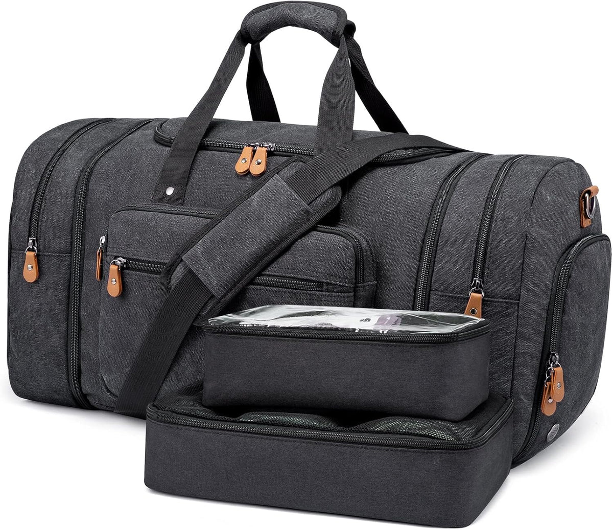 Canvas Travel Duffel Bag for Men, Weekend Overnight Bag with Shoe Compartment and Toiletry Bag, Carry-On for Airplanes, Dark Grey