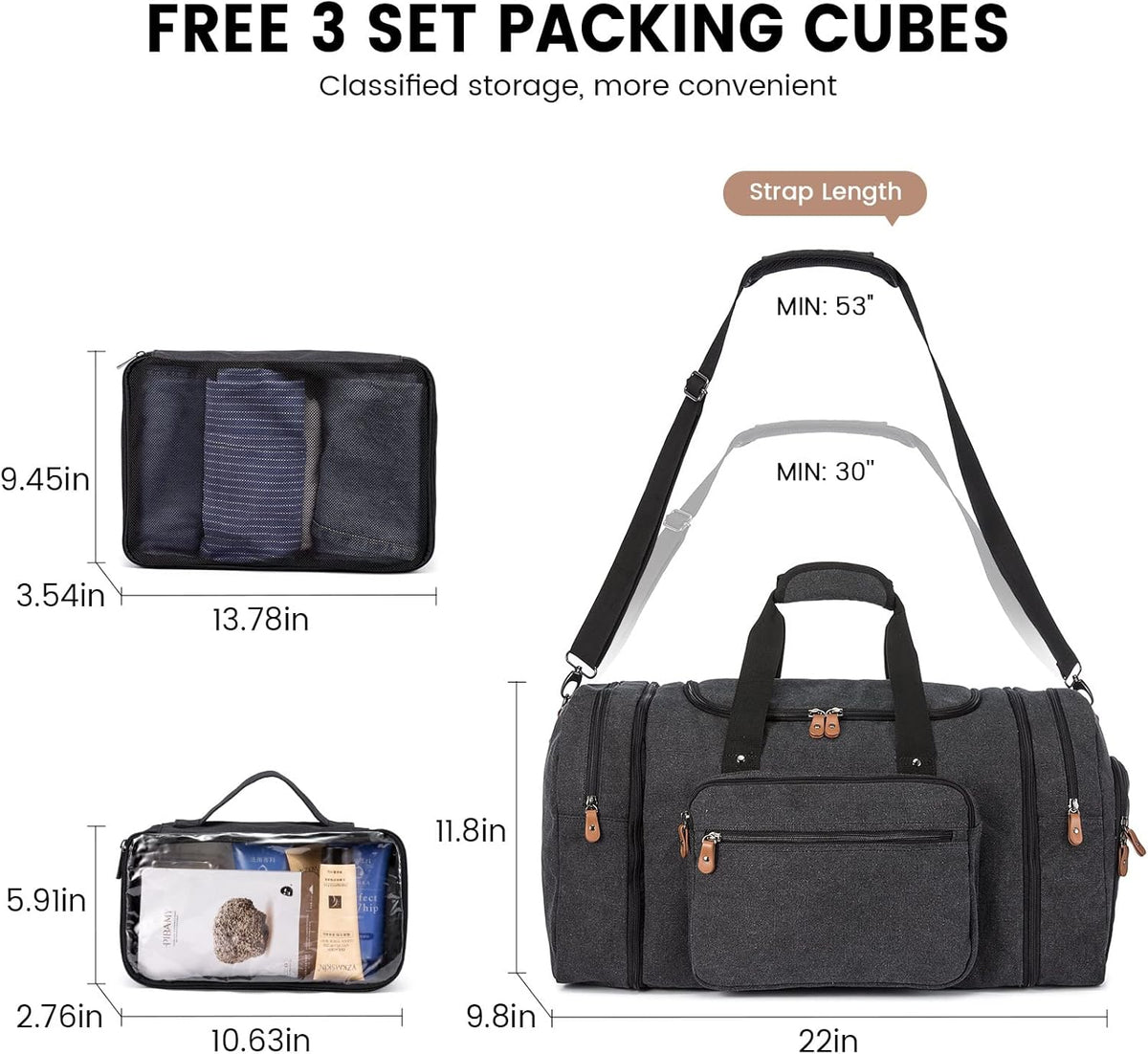 Canvas Travel Duffel Bag for Men, Weekend Overnight Bag with Shoe Compartment and Toiletry Bag, Carry-On for Airplanes, Dark Grey