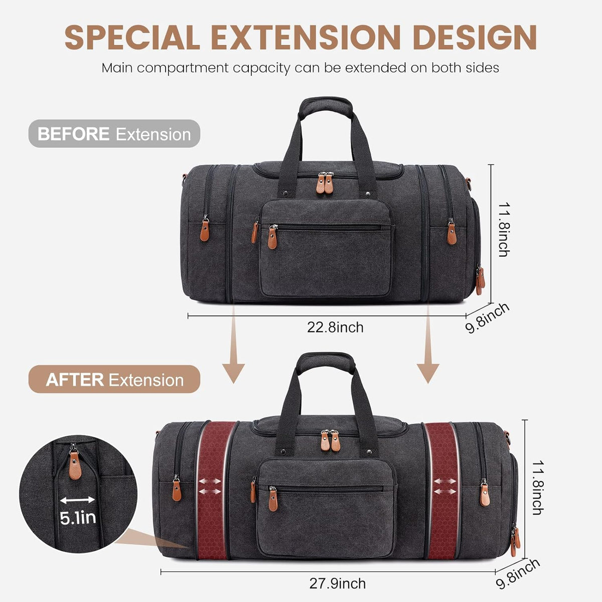 Canvas Travel Duffel Bag for Men, Weekend Overnight Bag with Shoe Compartment and Toiletry Bag, Carry-On for Airplanes, Dark Grey