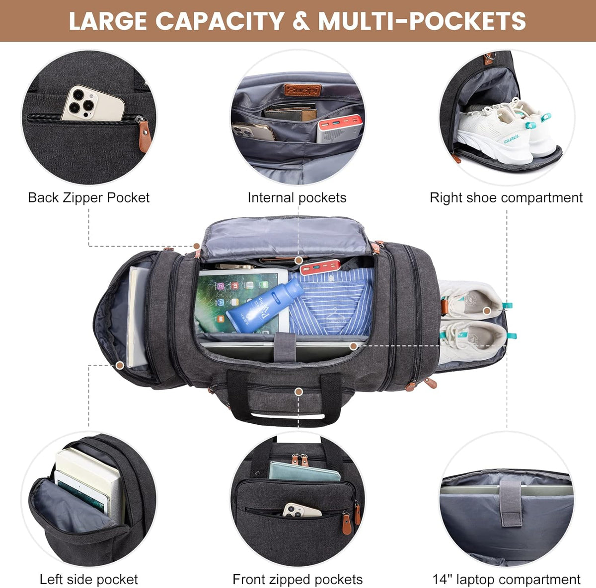 Canvas Travel Duffel Bag for Men, Weekend Overnight Bag with Shoe Compartment and Toiletry Bag, Carry-On for Airplanes, Dark Grey