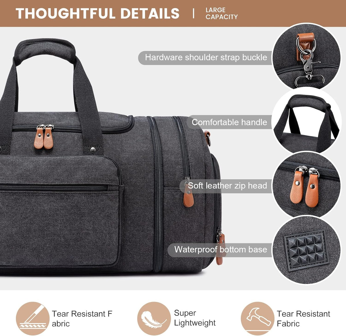 Canvas Travel Duffel Bag for Men, Weekend Overnight Bag with Shoe Compartment and Toiletry Bag, Carry-On for Airplanes, Dark Grey