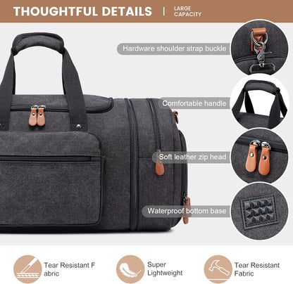 Canvas Travel Duffel Bag for Men, Weekend Overnight Bag with Shoe Compartment and Toiletry Bag, Carry-On for Airplanes, Dark Grey