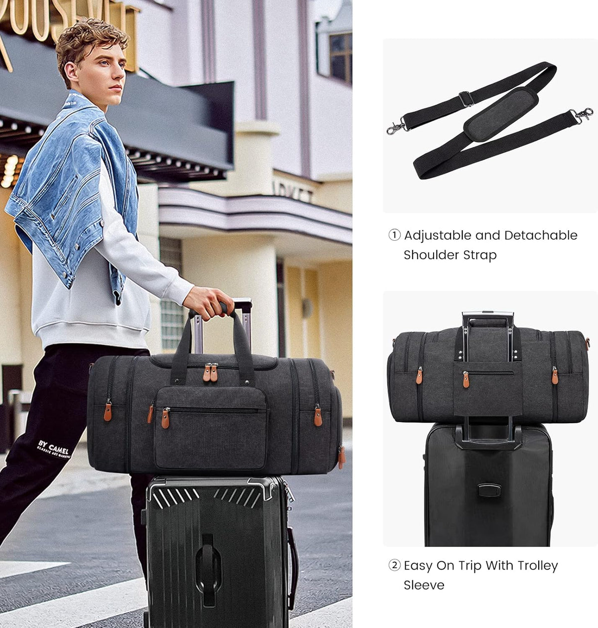 Canvas Travel Duffel Bag for Men, Weekend Overnight Bag with Shoe Compartment and Toiletry Bag, Carry-On for Airplanes, Dark Grey