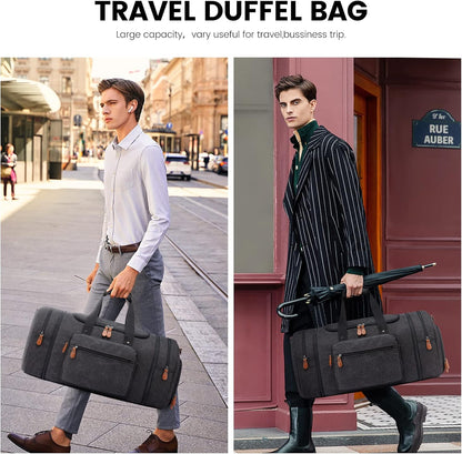 Canvas Travel Duffel Bag for Men, Weekend Overnight Bag with Shoe Compartment and Toiletry Bag, Carry-On for Airplanes, Dark Grey