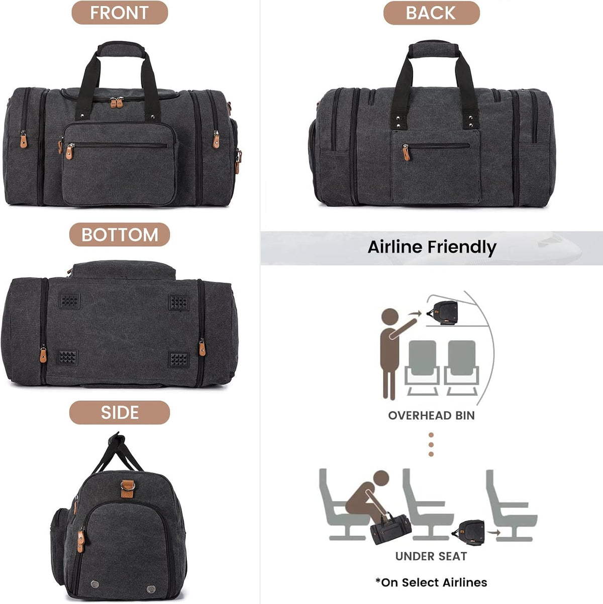 Canvas Travel Duffel Bag for Men, Weekend Overnight Bag with Shoe Compartment and Toiletry Bag, Carry-On for Airplanes, Dark Grey