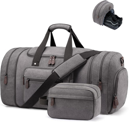 Canvas Travel Duffel Bag for Men, Weekend Overnight Bag with Shoe Compartment and Toiletry Bag, Carry-On for Airplanes, Dark Grey