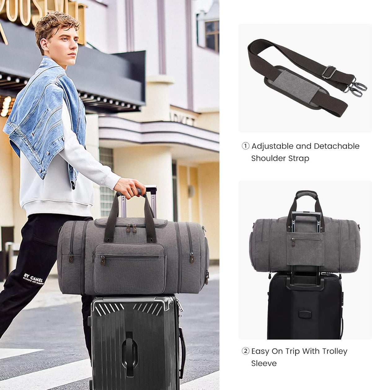 Canvas Travel Duffel Bag for Men, Weekend Overnight Bag with Shoe Compartment and Toiletry Bag, Carry-On for Airplanes, Dark Grey