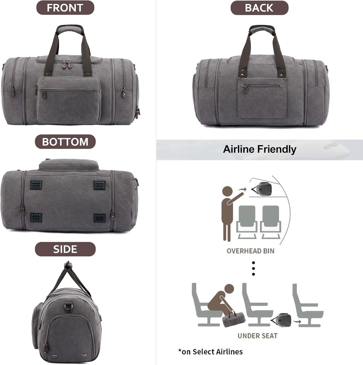 Canvas Travel Duffel Bag for Men, Weekend Overnight Bag with Shoe Compartment and Toiletry Bag, Carry-On for Airplanes, Dark Grey