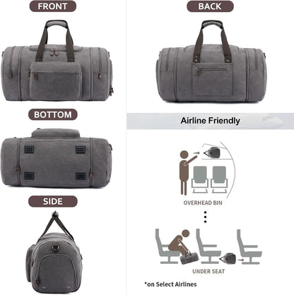 Canvas Travel Duffel Bag for Men, Weekend Overnight Bag with Shoe Compartment and Toiletry Bag, Carry-On for Airplanes, Dark Grey
