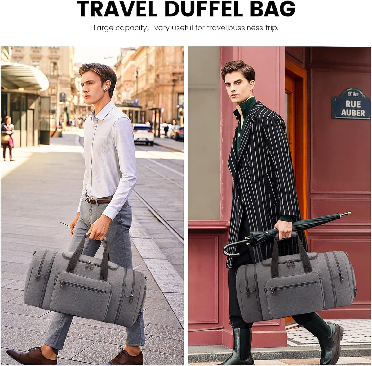 Canvas Travel Duffel Bag for Men, Weekend Overnight Bag with Shoe Compartment and Toiletry Bag, Carry-On for Airplanes, Dark Grey