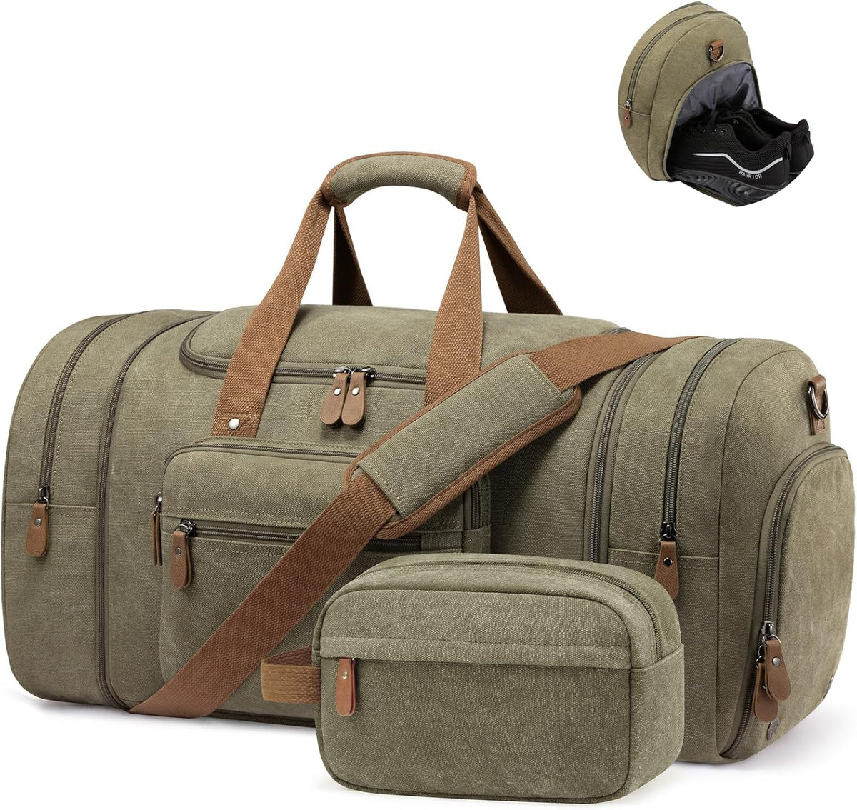 Canvas Travel Duffel Bag for Men, Weekend Overnight Bag with Shoe Compartment and Toiletry Bag, Carry-On for Airplanes, Dark Grey