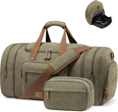 Canvas Travel Duffel Bag for Men, Weekend Overnight Bag with Shoe Compartment and Toiletry Bag, Carry-On for Airplanes, Dark Grey