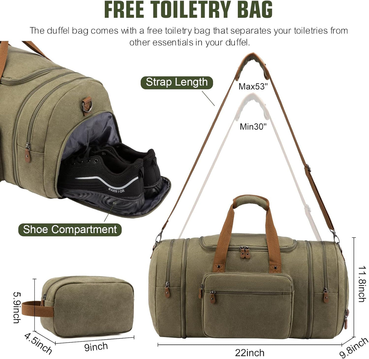 Canvas Travel Duffel Bag for Men, Weekend Overnight Bag with Shoe Compartment and Toiletry Bag, Carry-On for Airplanes, Dark Grey