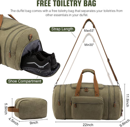 Canvas Travel Duffel Bag for Men, Weekend Overnight Bag with Shoe Compartment and Toiletry Bag, Carry-On for Airplanes, Dark Grey