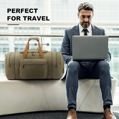 Canvas Travel Duffel Bag for Men, Weekend Overnight Bag with Shoe Compartment and Toiletry Bag, Carry-On for Airplanes, Dark Grey