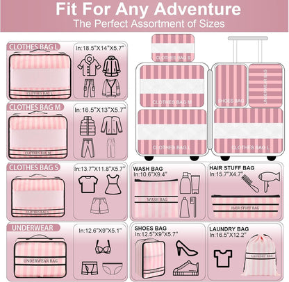 9 Set Packing Cubes Luggage Packing Organizers for Travel Accessories Space Saving Travel Bags for Carry On, Lightweight Mesh Zipper, Clothes, Shoes and Laundry Bag, Suitcases (Pink Streak)