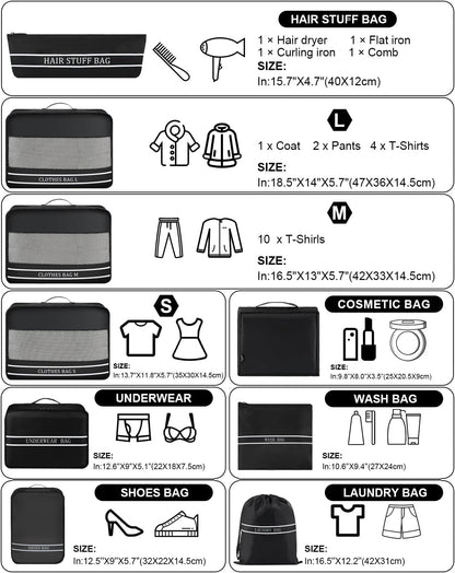 9 Set Packing Cubes Luggage Packing Organizers for Travel Accessories Space Saving Travel Bags for Carry On, Lightweight Mesh Zipper, Clothes, Shoes and Laundry Bag, Suitcases (Pink Streak)
