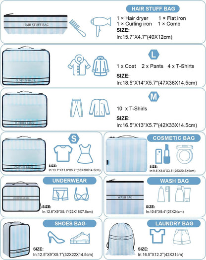 9 Set Packing Cubes Luggage Packing Organizers for Travel Accessories Space Saving Travel Bags for Carry On, Lightweight Mesh Zipper, Clothes, Shoes and Laundry Bag, Suitcases (Pink Streak)