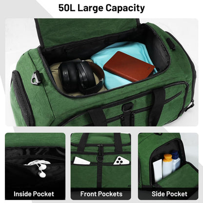 Foldable Duffle Bag with Shoe Compartment 50L Travel Duffel Bags for Men Women Packable Overnight Bag for Camping Gym Weekender, Teal