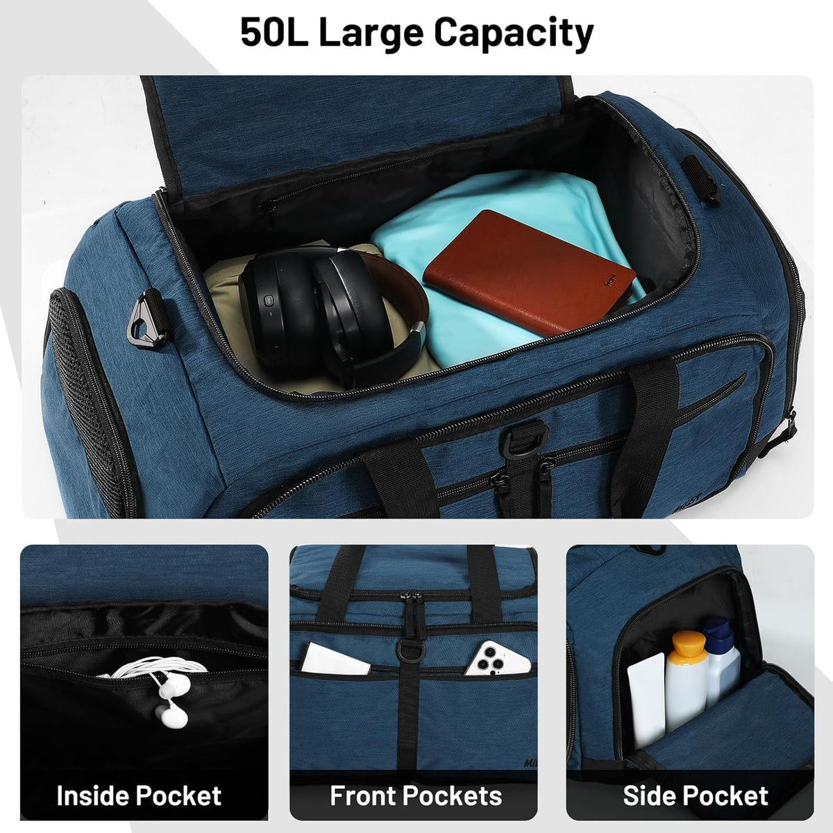 Foldable Duffle Bag with Shoe Compartment 50L Travel Duffel Bags for Men Women Packable Overnight Bag for Camping Gym Weekender, Teal