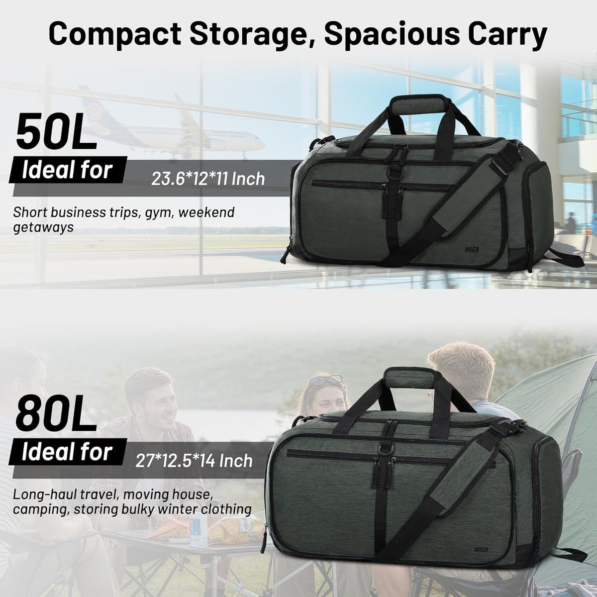 Foldable Duffle Bag with Shoe Compartment 50L Travel Duffel Bags for Men Women Packable Overnight Bag for Camping Gym Weekender, Teal