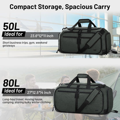 Foldable Duffle Bag with Shoe Compartment 50L Travel Duffel Bags for Men Women Packable Overnight Bag for Camping Gym Weekender, Teal
