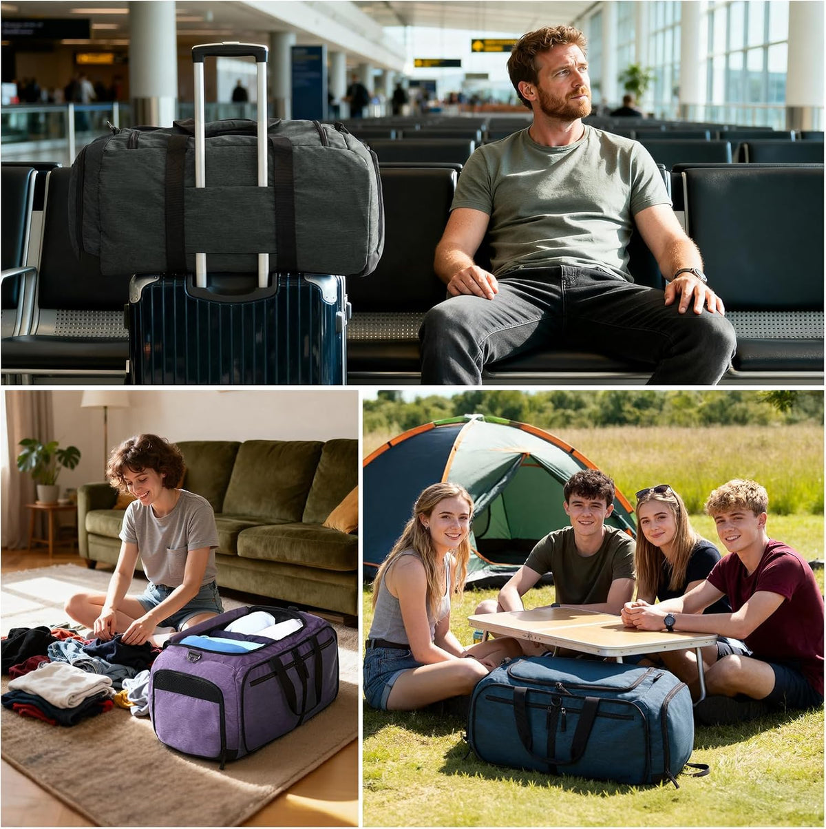 Foldable Duffle Bag with Shoe Compartment 50L Travel Duffel Bags for Men Women Packable Overnight Bag for Camping Gym Weekender, Teal