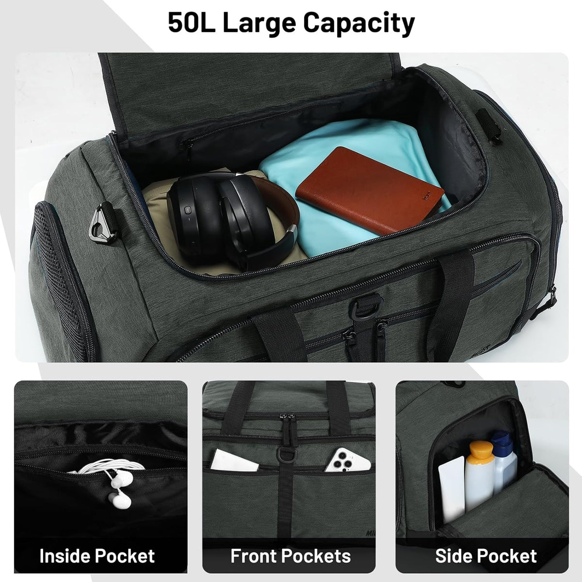 Foldable Duffle Bag with Shoe Compartment 50L Travel Duffel Bags for Men Women Packable Overnight Bag for Camping Gym Weekender, Teal