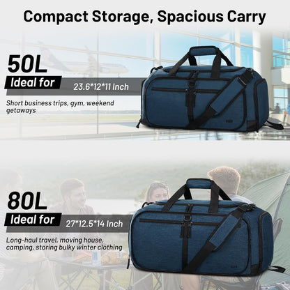 Foldable Duffle Bag with Shoe Compartment 50L Travel Duffel Bags for Men Women Packable Overnight Bag for Camping Gym Weekender, Teal