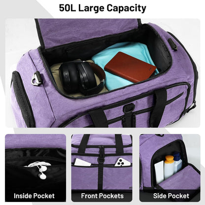 Foldable Duffle Bag with Shoe Compartment 50L Travel Duffel Bags for Men Women Packable Overnight Bag for Camping Gym Weekender, Teal