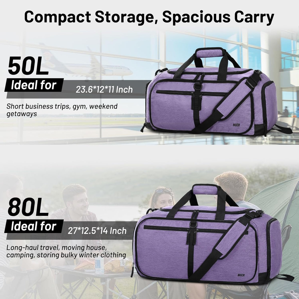 Foldable Duffle Bag with Shoe Compartment 50L Travel Duffel Bags for Men Women Packable Overnight Bag for Camping Gym Weekender, Teal