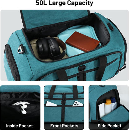 Foldable Duffle Bag with Shoe Compartment 50L Travel Duffel Bags for Men Women Packable Overnight Bag for Camping Gym Weekender, Teal