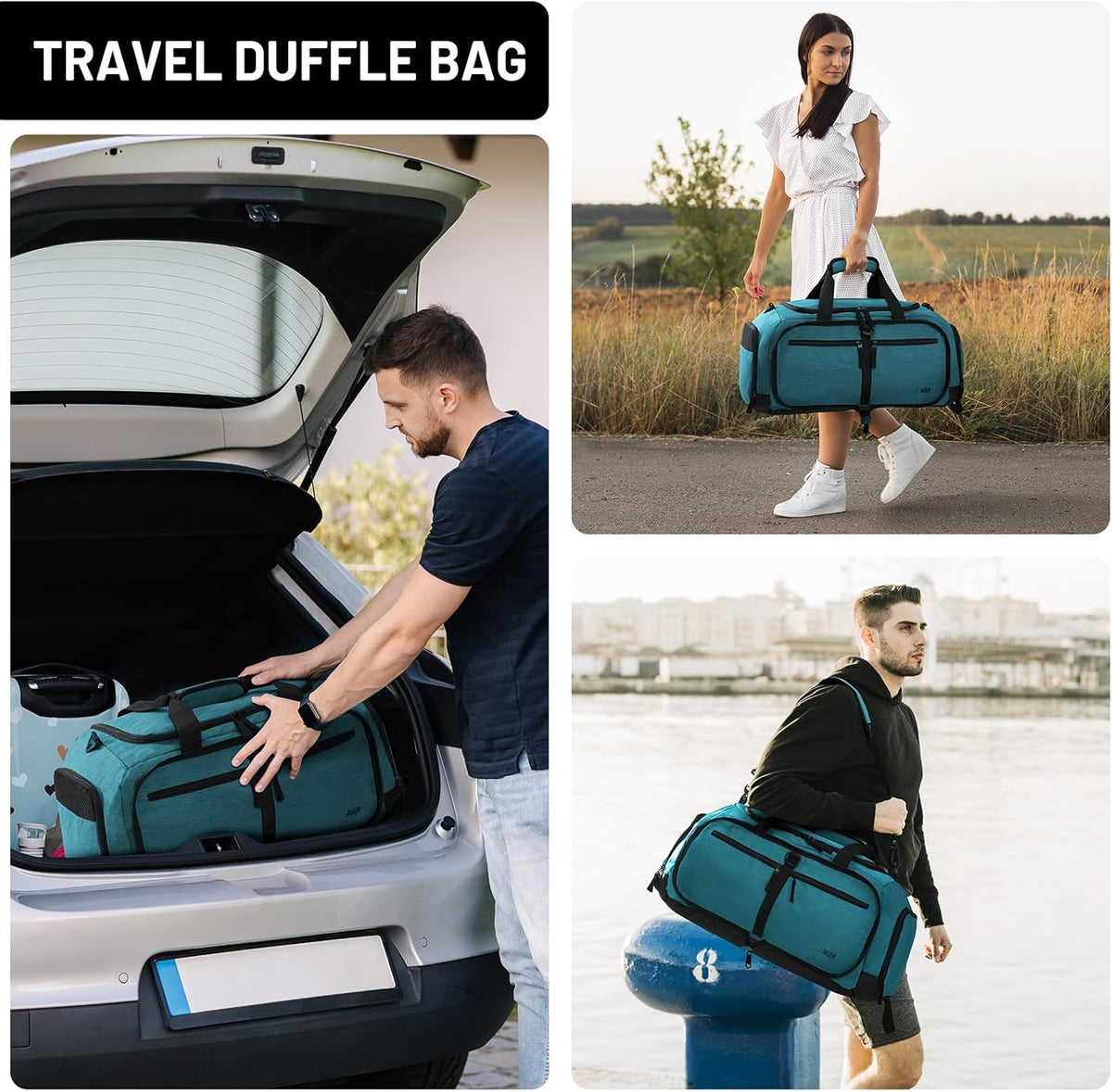 Foldable Duffle Bag with Shoe Compartment 50L Travel Duffel Bags for Men Women Packable Overnight Bag for Camping Gym Weekender, Teal