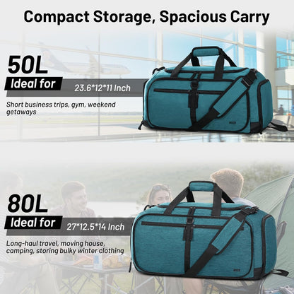Foldable Duffle Bag with Shoe Compartment 50L Travel Duffel Bags for Men Women Packable Overnight Bag for Camping Gym Weekender, Teal