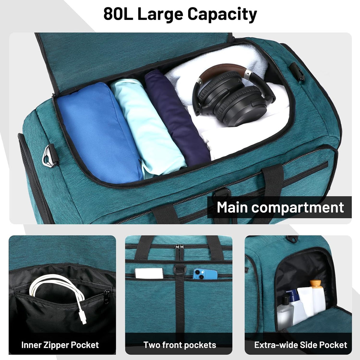Foldable Duffle Bag with Shoe Compartment 50L Travel Duffel Bags for Men Women Packable Overnight Bag for Camping Gym Weekender, Teal