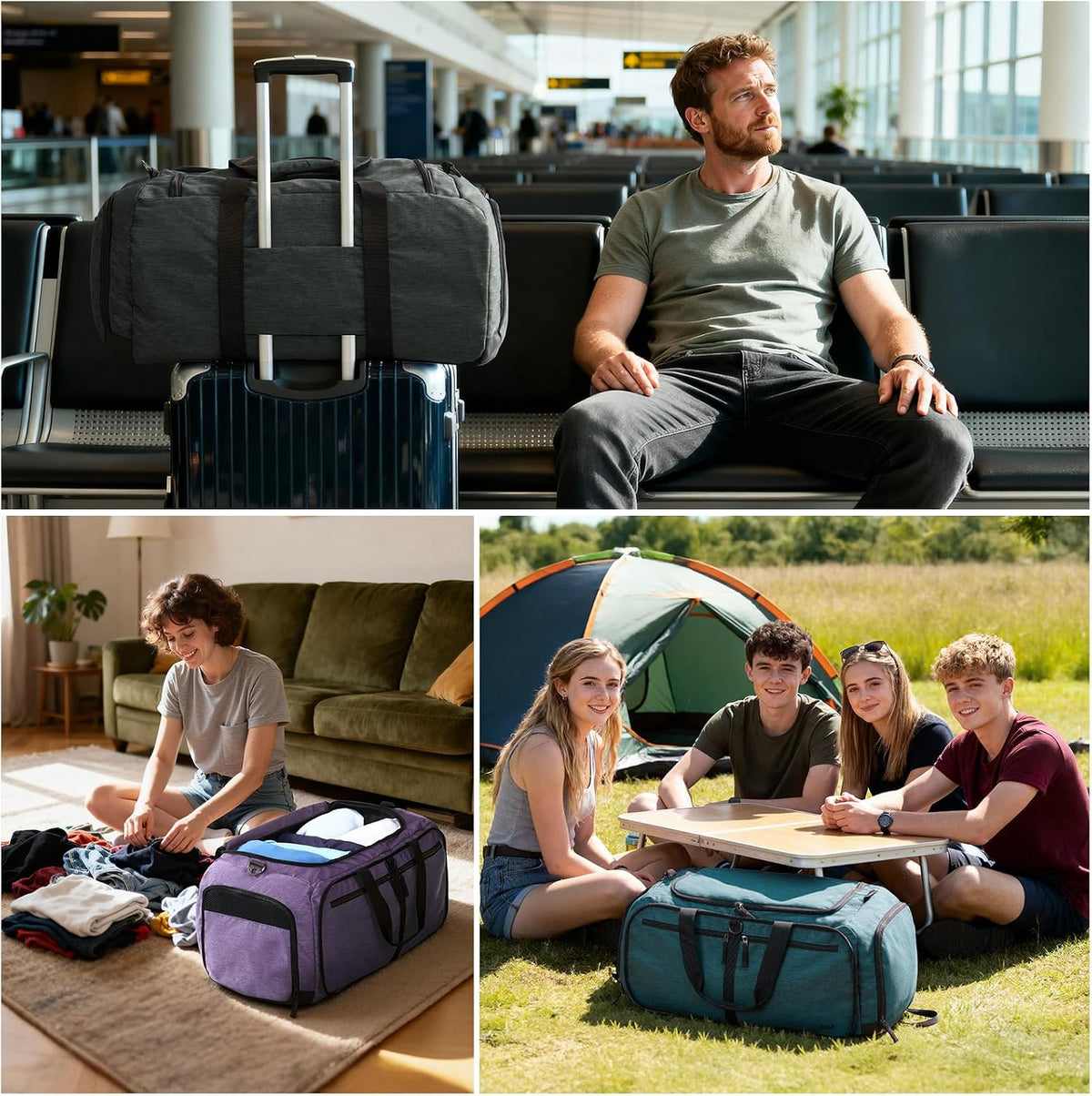 Foldable Duffle Bag with Shoe Compartment 50L Travel Duffel Bags for Men Women Packable Overnight Bag for Camping Gym Weekender, Teal