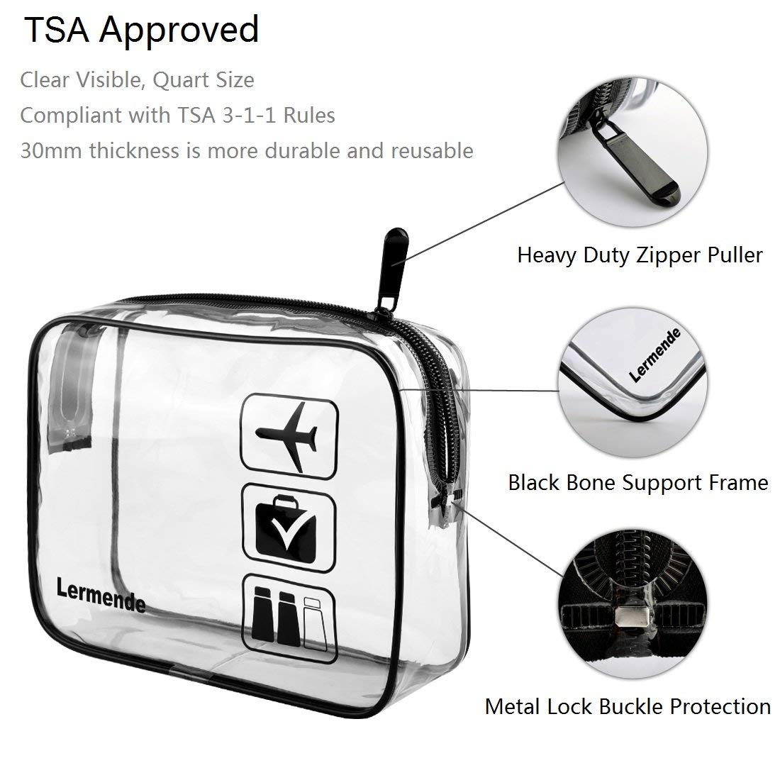 2pcs Clear Toiletry Bag TSA Approved Travel Bag,Carry On for Travel,Airport Airline Accessories Compliant Bag,Quart Sized Makeup Cosmetic bag Women Men (Black, 2 Pack)