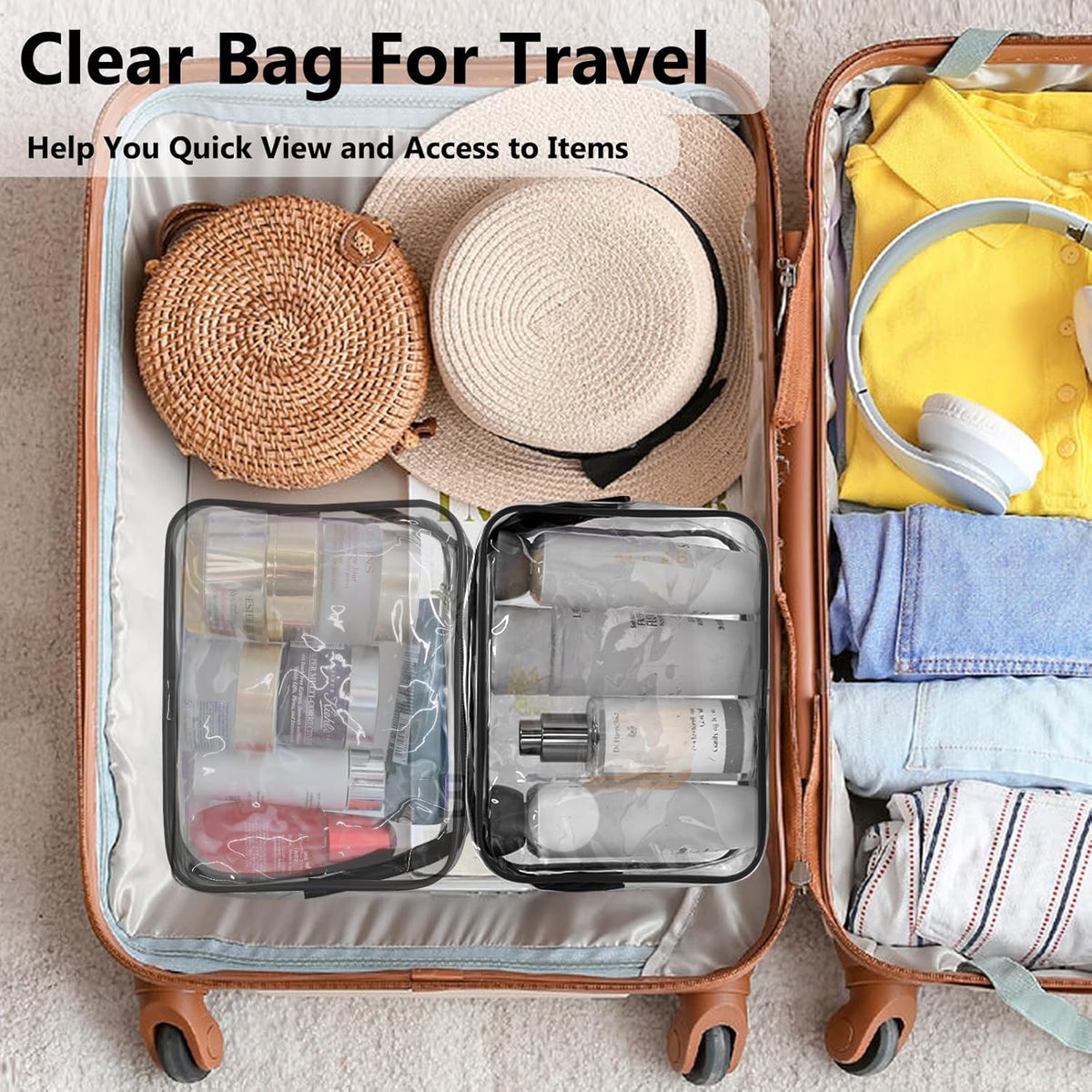 2pcs Clear Toiletry Bag TSA Approved Travel Bag,Carry On for Travel,Airport Airline Accessories Compliant Bag,Quart Sized Makeup Cosmetic bag Women Men (Black, 2 Pack)