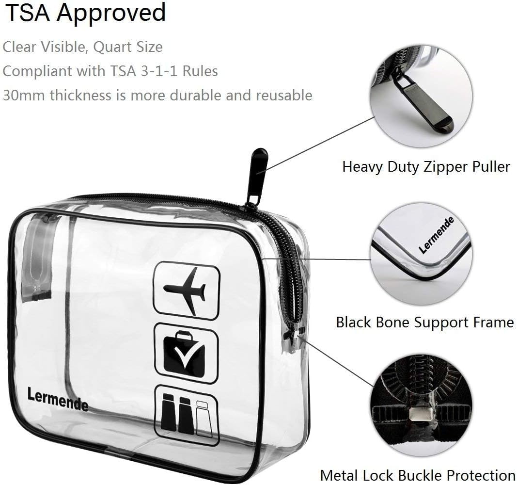 2pcs Clear Toiletry Bag TSA Approved Travel Bag,Carry On for Travel,Airport Airline Accessories Compliant Bag,Quart Sized Makeup Cosmetic bag Women Men (Black, 2 Pack)