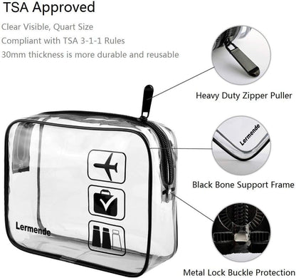 2pcs Clear Toiletry Bag TSA Approved Travel Bag,Carry On for Travel,Airport Airline Accessories Compliant Bag,Quart Sized Makeup Cosmetic bag Women Men (Black, 2 Pack)