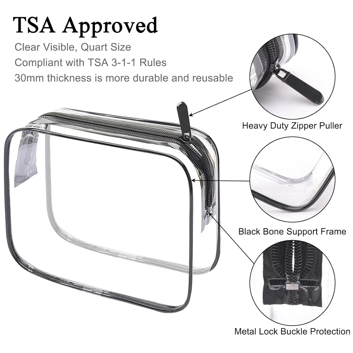 2pcs Clear Toiletry Bag TSA Approved Travel Bag,Carry On for Travel,Airport Airline Accessories Compliant Bag,Quart Sized Makeup Cosmetic bag Women Men (Black, 2 Pack)