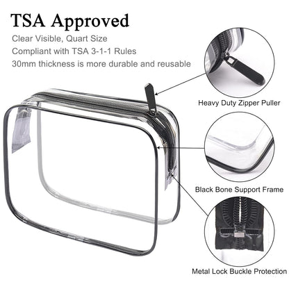 2pcs Clear Toiletry Bag TSA Approved Travel Bag,Carry On for Travel,Airport Airline Accessories Compliant Bag,Quart Sized Makeup Cosmetic bag Women Men (Black, 2 Pack)