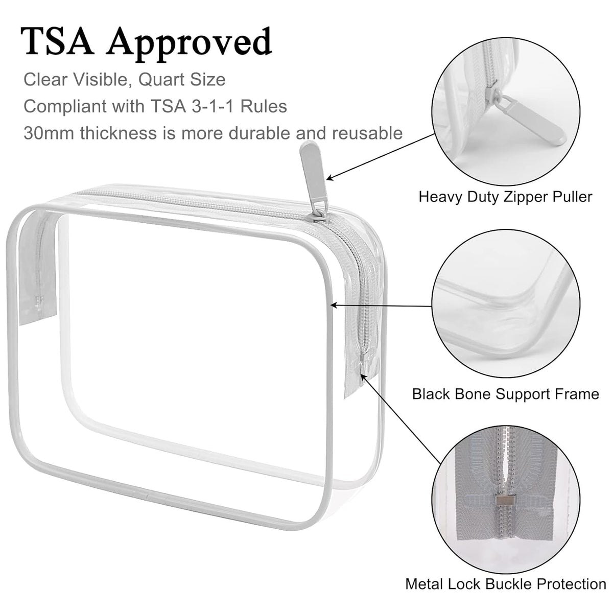 2pcs Clear Toiletry Bag TSA Approved Travel Bag,Carry On for Travel,Airport Airline Accessories Compliant Bag,Quart Sized Makeup Cosmetic bag Women Men (Black, 2 Pack)