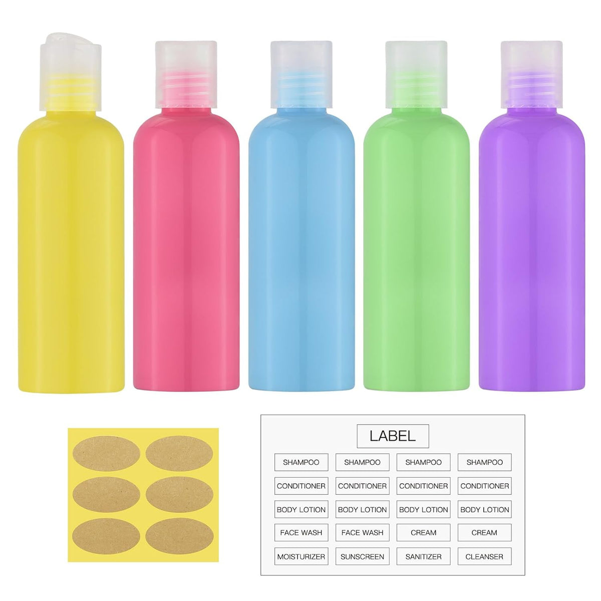 Travel Bottles for Toiletries 3.4 oz TSA Approved - 5 Pack Leak Proof Travel Size Containers, Clear Squeezable Plastic Bottles with Labels for Shampoo Lotion, Flight Cruise Gym Essentials