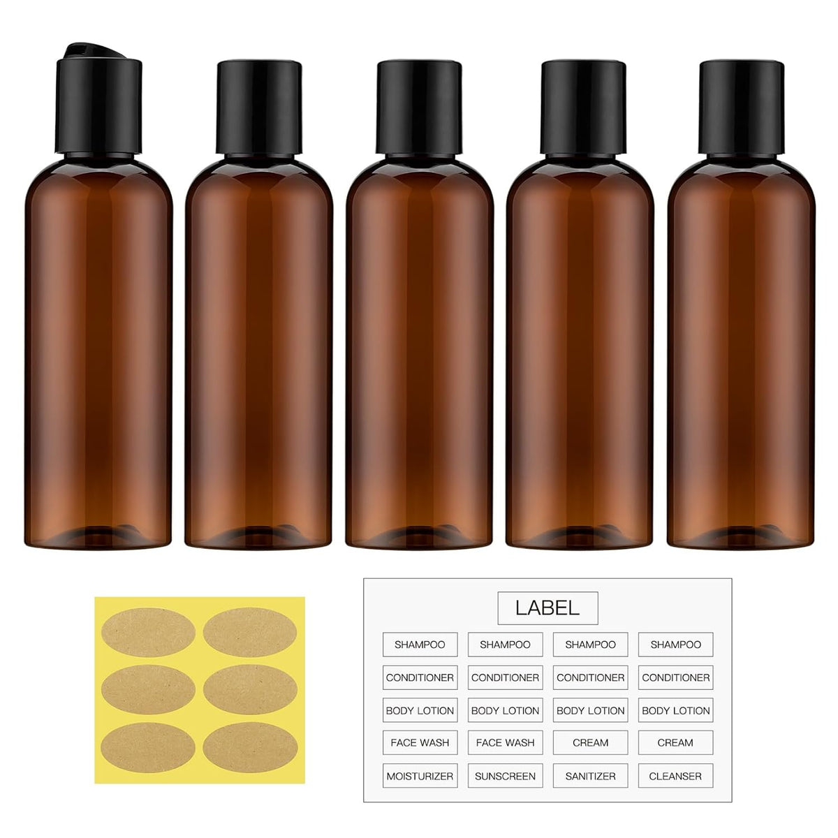 Travel Bottles for Toiletries 3.4 oz TSA Approved - 5 Pack Leak Proof Travel Size Containers, Clear Squeezable Plastic Bottles with Labels for Shampoo Lotion, Flight Cruise Gym Essentials