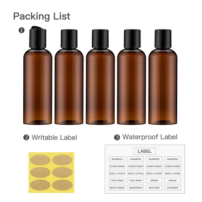 Travel Bottles for Toiletries 3.4 oz TSA Approved - 5 Pack Leak Proof Travel Size Containers, Clear Squeezable Plastic Bottles with Labels for Shampoo Lotion, Flight Cruise Gym Essentials