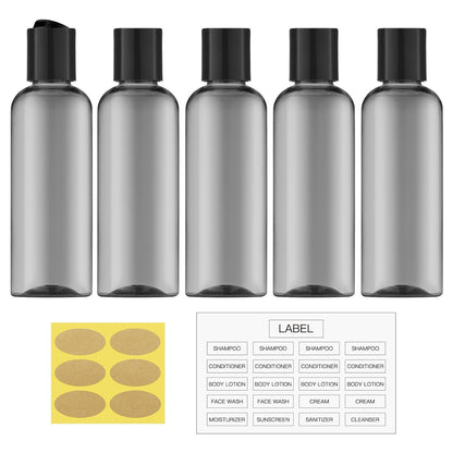 Travel Bottles for Toiletries 3.4 oz TSA Approved - 5 Pack Leak Proof Travel Size Containers, Clear Squeezable Plastic Bottles with Labels for Shampoo Lotion, Flight Cruise Gym Essentials