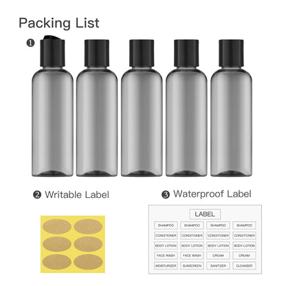 Travel Bottles for Toiletries 3.4 oz TSA Approved - 5 Pack Leak Proof Travel Size Containers, Clear Squeezable Plastic Bottles with Labels for Shampoo Lotion, Flight Cruise Gym Essentials